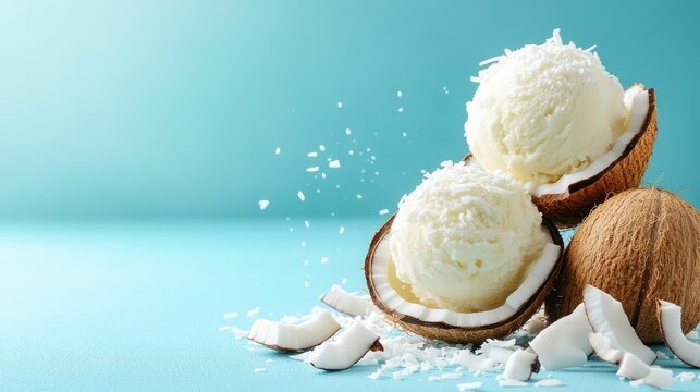 A visually appealing presentation of coconut ice cream served in coconut shells, emphasizing deliciousness and summer vibes in a vibrant setting.