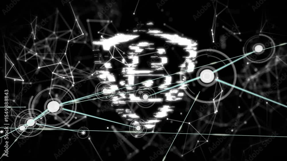 Aufkleber network nodes shifting in cyberspace forming glitching shield and padlock ensuring cybersecurity