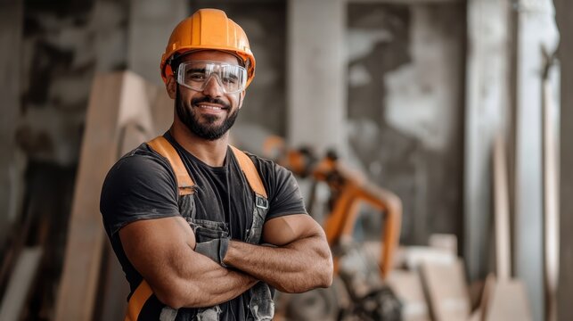 A confident construction worker wears a safety helmet, protective eyewear, and crossed arms, showcasing strength and readiness on a building site filled with construction materials.