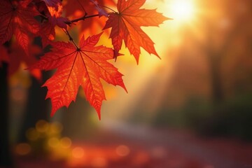 Fototapeta premium Golden sunlight filters through vibrant red and gold autumn leaves , sun, sunlight, photo