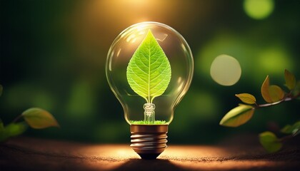 eco innovation light bulb with leaf symbolizing sustainable energy