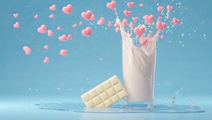 3D rendering of a glass filled with milk and pink hearts flying out from it, against a turquoise background, with empty space on the left side for text or product placement.