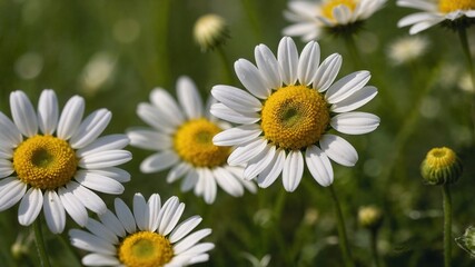 Fototapeta premium Close-up of blooming chamomile flowers in green grass, macro summer nature photography