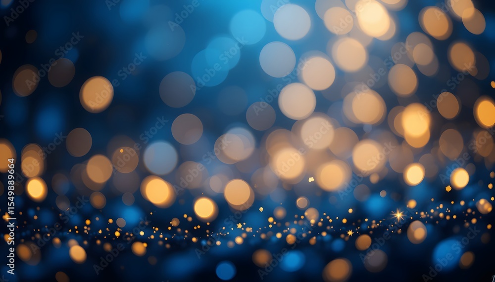 Poster dark blue bokeh background with golden light, a shimmering festive texture for celebrations. dreamy 
