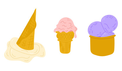 Set of three colorful ice cream treats in cup and cone styles in flat vector design. Conveys summer fun, dessert variety, and sweet indulgence
