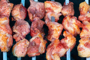 Close up grilling barbecue in the campground at summer camp travel, Skewers of pork and beef fillet on barbecue party dinner in camping, Summer Camp Travel one activity for relaxing.