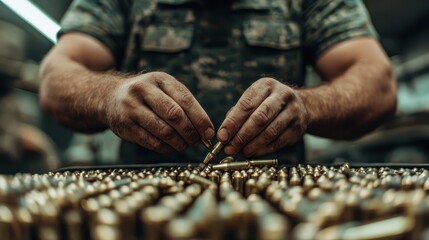 A robust man in military attire focuses intently on assembling bullet casings, illustrating dedication, craftsmanship, and the seriousness of his work in an industrial workshop environment.