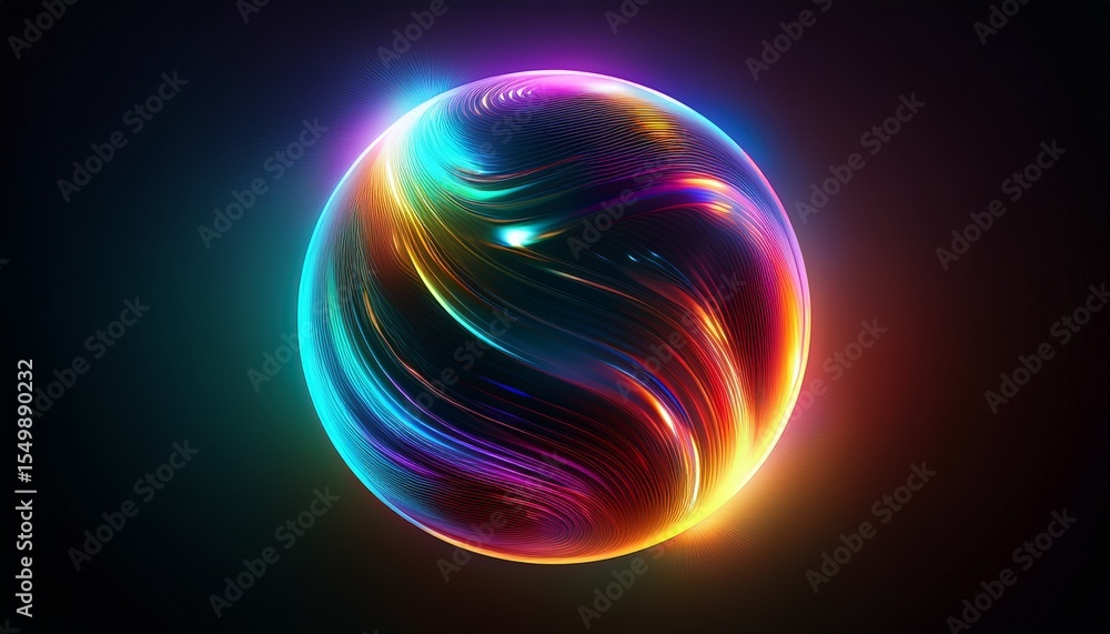 Poster glowing abstract sphere with colorful gradient halo on dark background