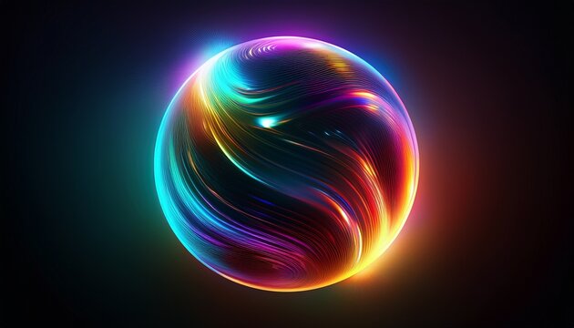 glowing abstract sphere with colorful gradient halo on dark background