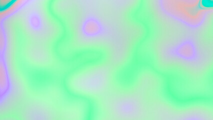 Fluid texture abstract background with grainy noise. Bright liquid gradient in light neon green, violet, purple, ultraviolet, orange, turquoise colors. Flowing paint, curved drops. Psychedelic design
