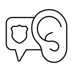 Human ear with police badge popup window thin line icon, law and order concept. Vector graphics. Police siren sound bubble sign on white background, style mobile or design.