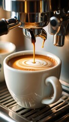 Close-up of a latte being brewed by a professional espresso machine.