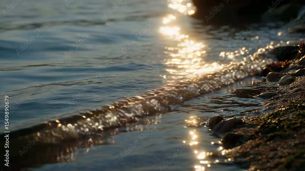 Poster close-up of gentle waves crashing on a rocky shore at sunset. sunshine dances on the water, creating