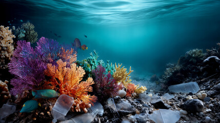 Fototapeta premium Plastic trash in the ocean. Environmental pollution. sea is covered in plastic and dead sea creatures. global problem, threat ocean wildlife and calling for urgent action to protect the environment.