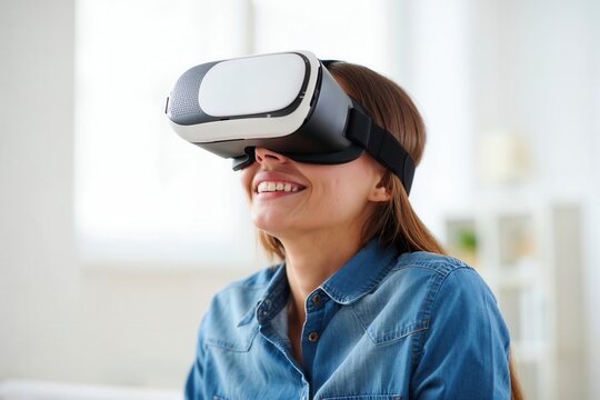 A young woman is enjoying an immersive experience with a virtual reality headset in home environment.