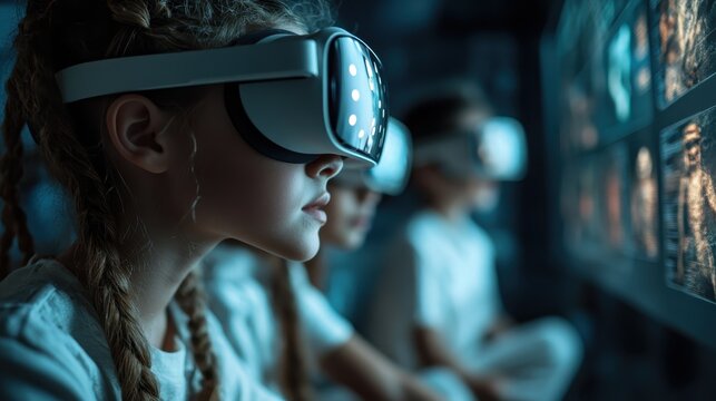 A captivating scene of children experiencing virtual reality, showcasing their concentration and excitement in a technological play environment filled with imagination.