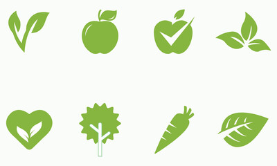Green Organic Food and Nature Icons Vector – Eco-Friendly Symbols for Health and Sustainability Design