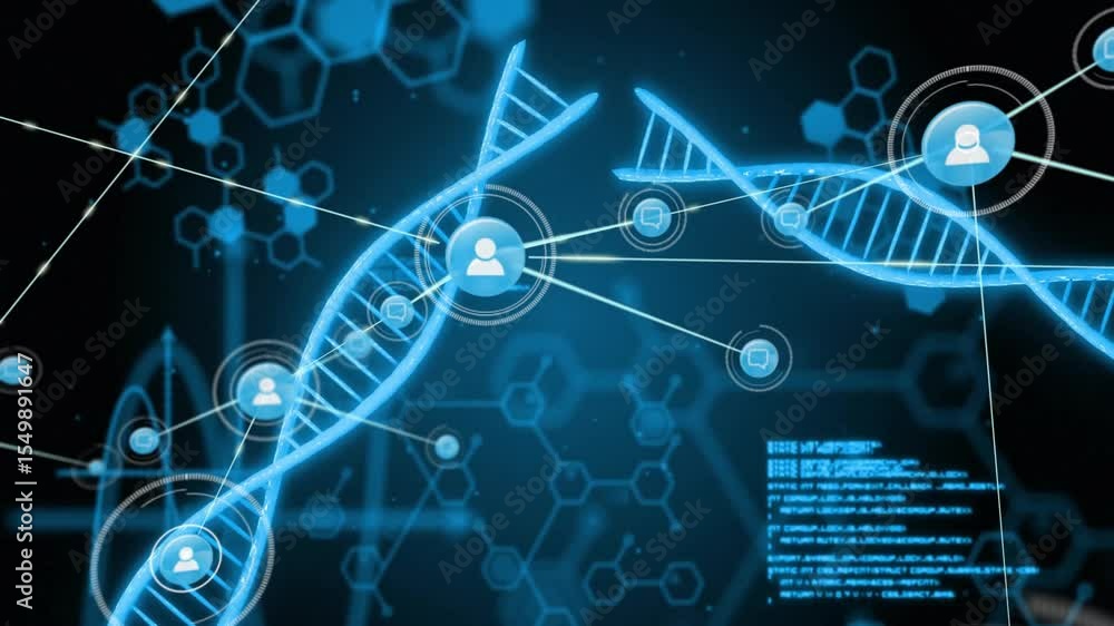 Poster dna helices fading as reticles targeting strands and icons linking code blocks visualizing profiles