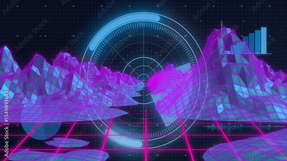 Poster grid opening triggers radar fading, rotating sweep, code scrolling and chart rising monitoring data