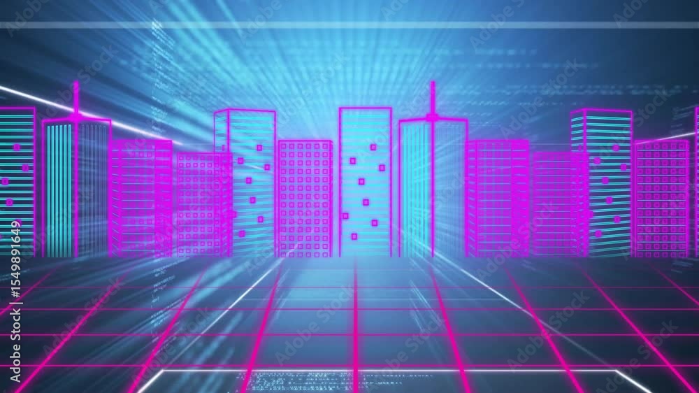 Poster central light pulsing triggers code streams scrolling in while neon grid gliding to show data city