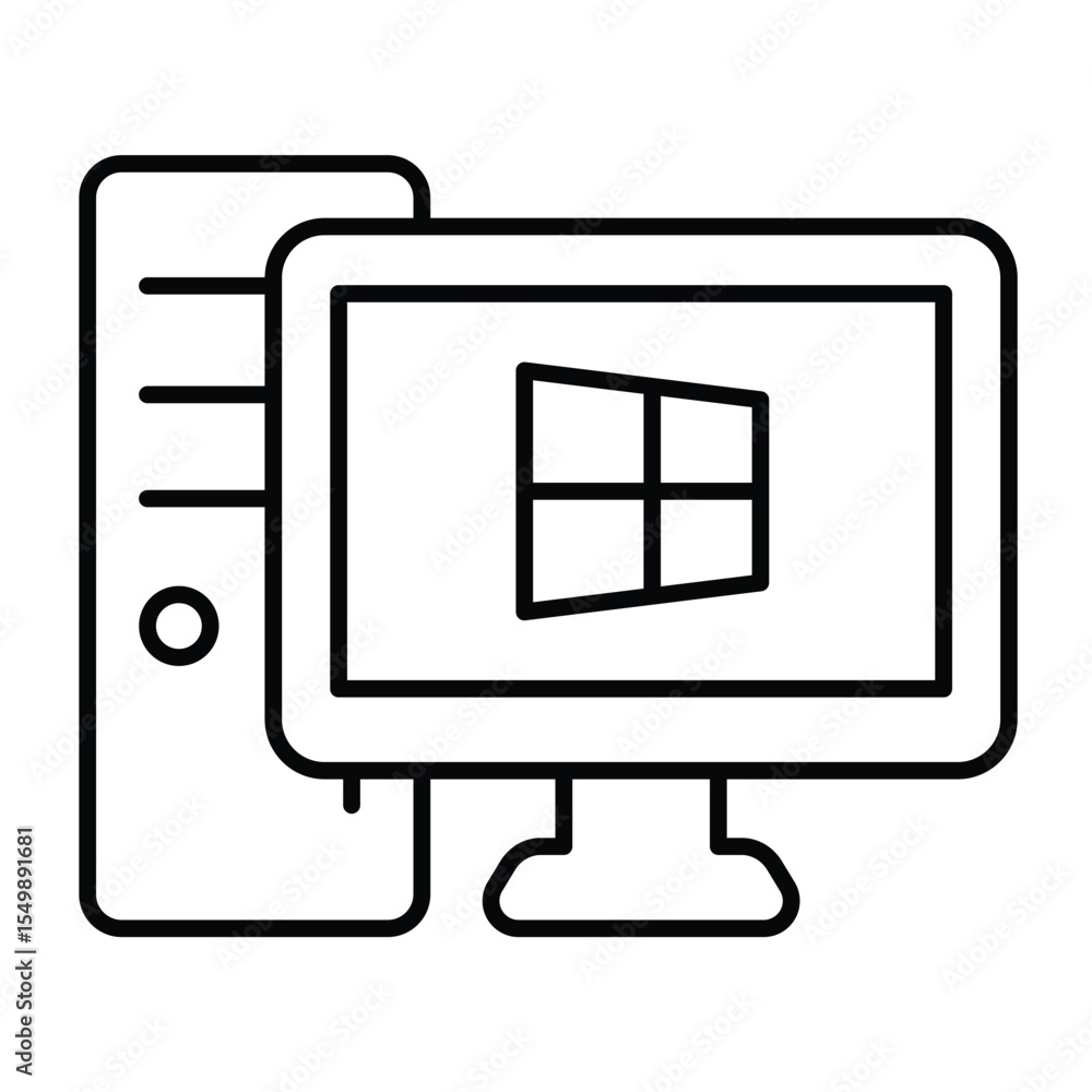Fototapete Personal computer with windows thin line icon, windows pack concept. Vector graphics. Monitor and system unit, desktop sign on white background, style mobile or design.
