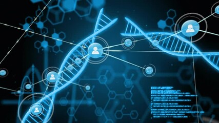 DNA helices fading as reticles targeting strands and icons linking code blocks visualizing profiles - Powered by Adobe