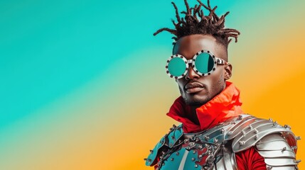 Fototapeta premium A striking portrait of a model dressed in bold armor and vibrant sunglasses, portraying a fusion of fashion, art, and strong identity in a colorful backdrop.