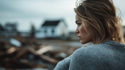 A pensive woman gazes out over a barren landscape, embodying emotions of solitude and reflection amidst the remnants of a storm's aftermath and nature's devastation.