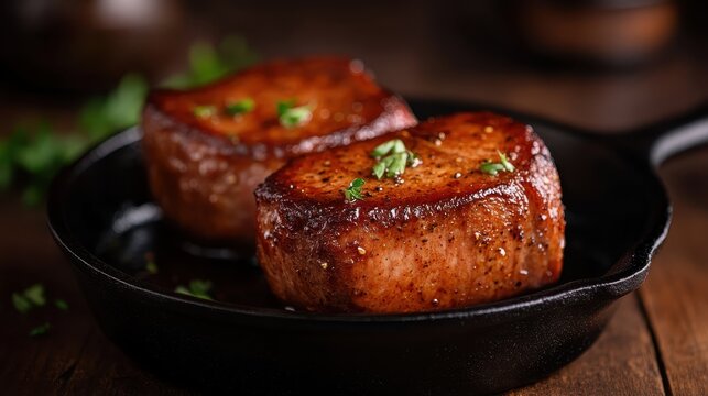 A close-up of perfectly seared steaks garnished with herbs in a cast iron skillet, highlighting the mouthwatering appeal of gourmet cooking and culinary expertise.