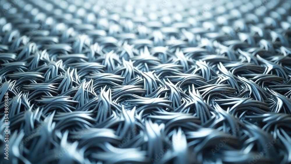 Poster close up macro shot of a textured woven metallic fabric with a blueish tint and shallow depth of fie