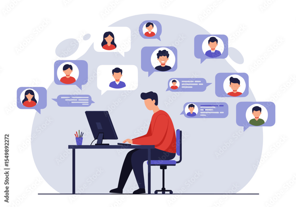 Poster flat vector a person sitting at a desk in front of a computer, engaging in multiple online chats wit