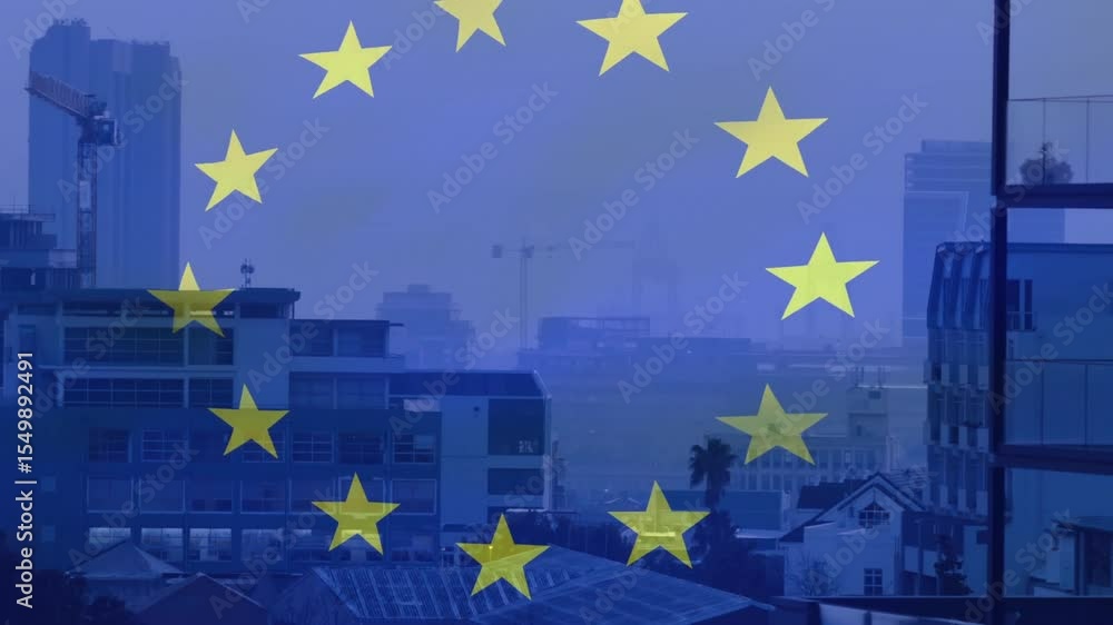 Poster translucent eu star circle fading in over skyline, stars rotating clockwise, symbolizing unity