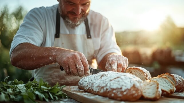 A passionate chef slices freshly baked bread outdoors under the warm sunshine, showcasing culinary skills and the artistry involved in bread-making against a beautiful backdrop.