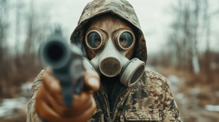 A striking portrayal of a figure wearing a gas mask, highlighting themes of survival, danger, and the impacts of war or environmental disasters.