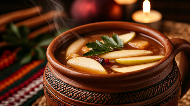 Traditional Mexican Christmas punch in clay mug with fruit and steam, festive decor