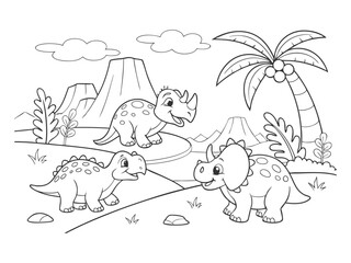 A dinosaur cartoon, cute animal background, prehistoric landscape, coloring outline scene. Dinosaur coloring page for kids printable cute dinosaurs landscape illustration vector art