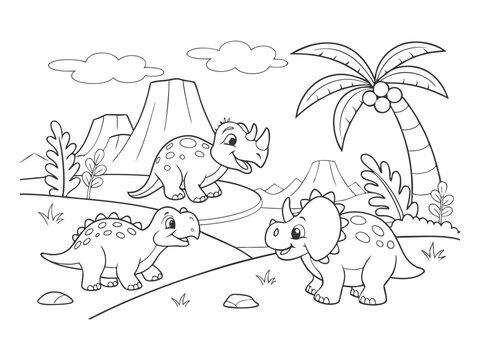 A dinosaur cartoon, cute animal background, prehistoric landscape, coloring outline scene. Dinosaur coloring page for kids printable cute dinosaurs landscape illustration vector art