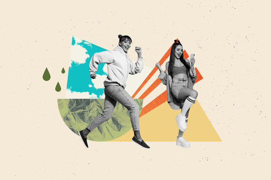 Fototapeta Template collage of girl people run use gadget on picture geometric figures drops pastel background