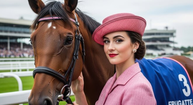 A beautiful woman in a hat and a horse at the racetrack, 1960s style photo