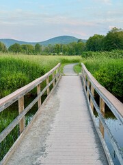 Obraz premium The winding, meandering Windham Path bridge, in summer at dawn. Hike, run, meditate, fish. meadow, creek, stream. mountain, colors and small town countryside vibe. Charming ski area in the Catskills.