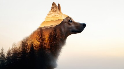 This artistic double exposure image uniquely combines a dog’s profile with a beautiful forest landscape, symbolizing the bond between nature and animals in a mystical way.