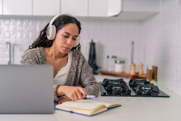 Digital nomad working remotely from airbnb apartment kitchen