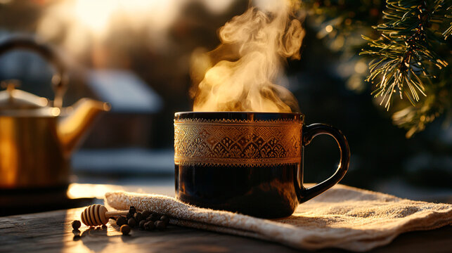 Traditional Russian sbiten in ceramic mug with spices in winter scene