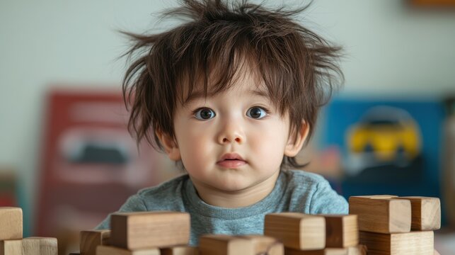 The image features a toddler with messy hair, gazing curiously at a collection of wooden blocks, symbolizing childhood innocence and the exploration of creativity through play.