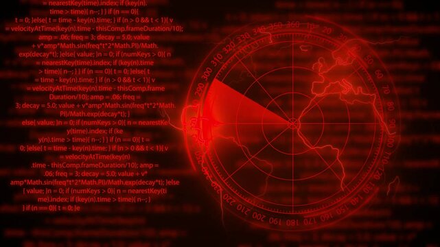 Futuristic Digital Radar Interface with Global Map and Code Overlay for Cybersecurity, Surveillance, AI Monitoring, and Airspace Tracking Systems