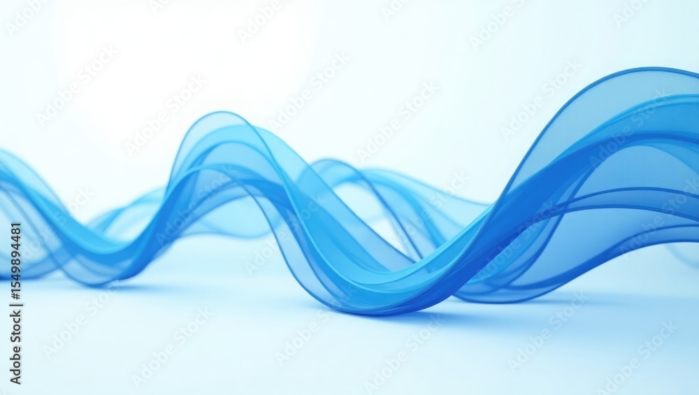 Poster abstract flowing translucent blue fabric waves creating a dynamic and elegant curved motion on a cle