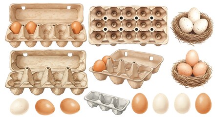 Egg cartons set pack isolated on white watercolor illustration