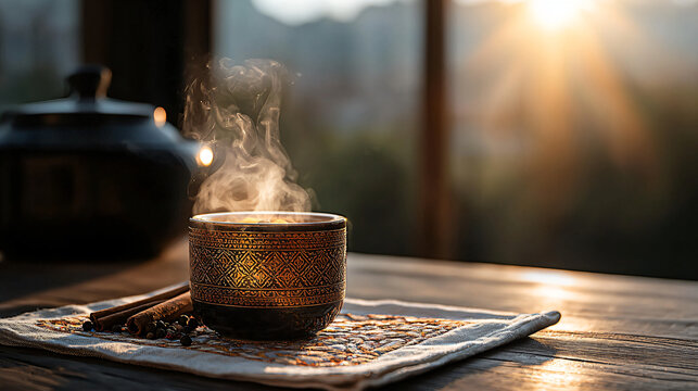 Rustic sbiten drink with honey and spices, cozy Slavic holiday photo