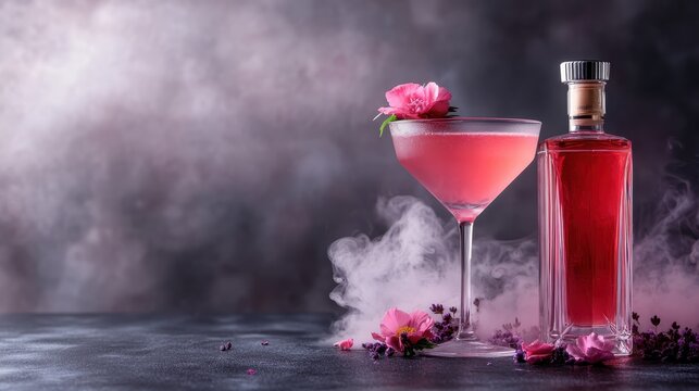 A beautifully garnished pink cocktail beside a vintage bottle, enveloped in mist, creating an enticing visual perfect for summer gatherings or upscale parties.