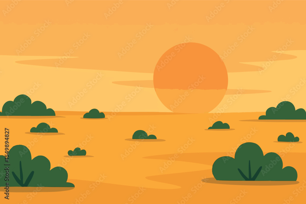 Poster flat vector panoramic flatland prairie with scattered bushes and sunset horizon minimal color scheme